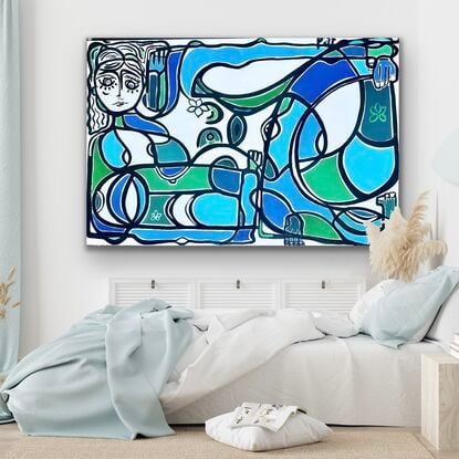 A large painting of a reclining woman in blue and green