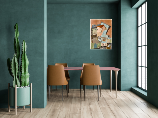 This image depicts an abstract painting featuring a variety of shapes and muted colours.  The flat perspective creates a sense of depth and structure through overlapping shapes and subtle colour transitions 