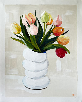 Colourful Tulips in White Vase Painted in Acrylic on Cotton Canvas