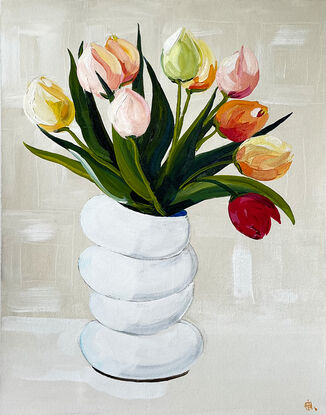 Colourful Tulips in White Vase Painted in Acrylic on Cotton Canvas