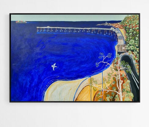 a modern australian ocean landscape painting of a jetty and beach made with bright colours and textures, perfectly suited to any lover and collector of australian art.