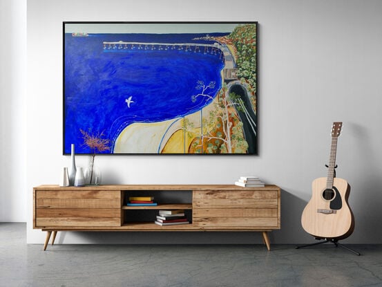 a modern australian ocean landscape painting of a jetty and beach made with bright colours and textures, perfectly suited to any lover and collector of australian art.