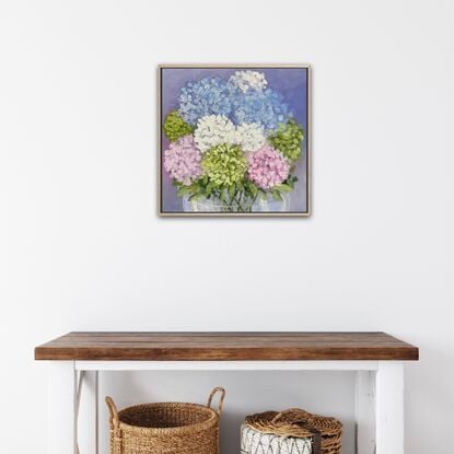  Still life  vase of Hydrangea flowers in glass vase.