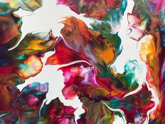 Describing a floral abstract artwork featuring shades of pink, magenta, white, turquoise, and yellow, fluidart on a white background