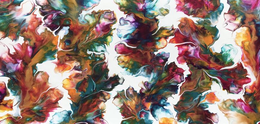 Describing a floral abstract artwork featuring shades of pink, magenta, white, turquoise, and yellow, fluidart on a white background