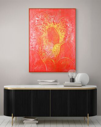 This abstract contemporary painting is a dynamic representation of nature, dominated by vibrant  red hues and complemented by yellow tones. The artist employs a heavy texture, adding depth and dimension to the artwork, creating a visually engaging and evocative piece.