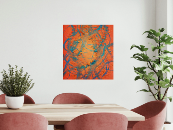 This abstract contemporary painting is a dynamic representation of nature, dominated by vibrant  orange hues and complemented by lush blue tones. The artist employs a heavy texture, adding depth and dimension to the artwork, creating a visually engaging and evocative piece.