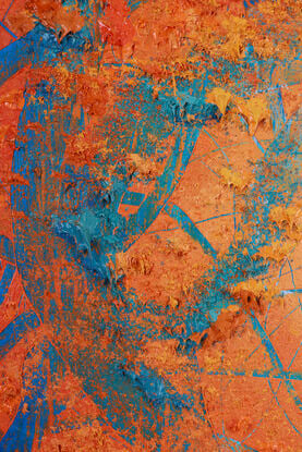 This abstract contemporary painting is a dynamic representation of nature, dominated by vibrant  orange hues and complemented by lush blue tones. The artist employs a heavy texture, adding depth and dimension to the artwork, creating a visually engaging and evocative piece.