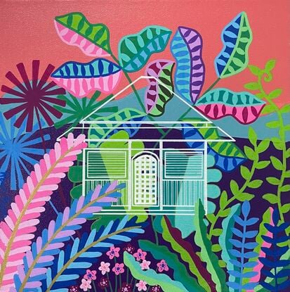 Coral pink sky with subtropical colourful garden plants. White outline of a house.