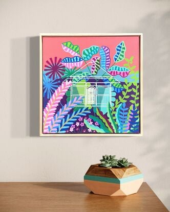 Coral pink sky with subtropical colourful garden plants. White outline of a house.