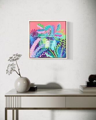 Coral pink sky with subtropical colourful garden plants. White outline of a house.