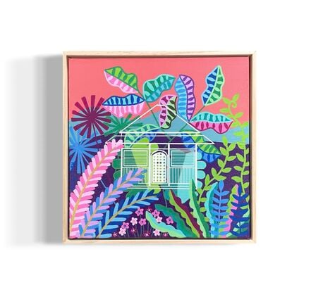 Coral pink sky with subtropical colourful garden plants. White outline of a house.