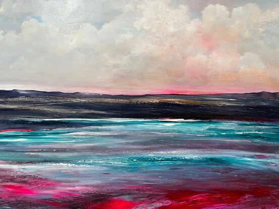 Colourful textured abstract seascape with soft fluffy clouds, evening sunset, and vibrant colourful sea.
