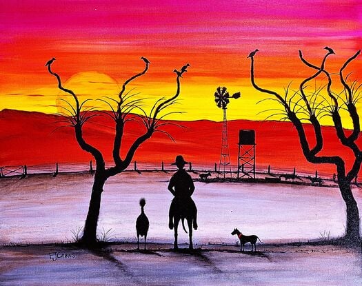 Eddie emu joins in to check out the sunset

#sunset #emu #horse #drover #dog #australia #windmill #ejcairnsart