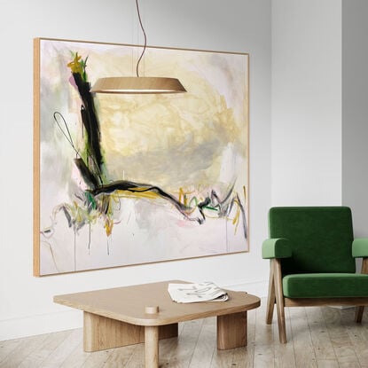 bold paint and pencil marks in light green, olive lime with areas of white and grey, beige, pink, blush, tan, and ochre  expressive marks across a large canvas