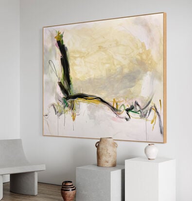 bold paint and pencil marks in light green, olive lime with areas of white and grey, beige, pink, blush, tan, and ochre  expressive marks across a large canvas