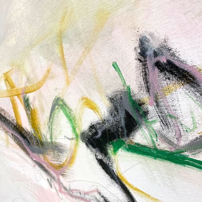 bold paint and pencil marks in light green, olive lime with areas of white and grey, beige, pink, blush, tan, and ochre  expressive marks across a large canvas