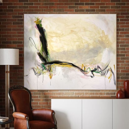 bold paint and pencil marks in light green, olive lime with areas of white and grey, beige, pink, blush, tan, and ochre  expressive marks across a large canvas