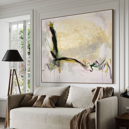 bold paint and pencil marks in light green, olive lime with areas of white and grey, beige, pink, blush, tan, and ochre  expressive marks across a large canvas