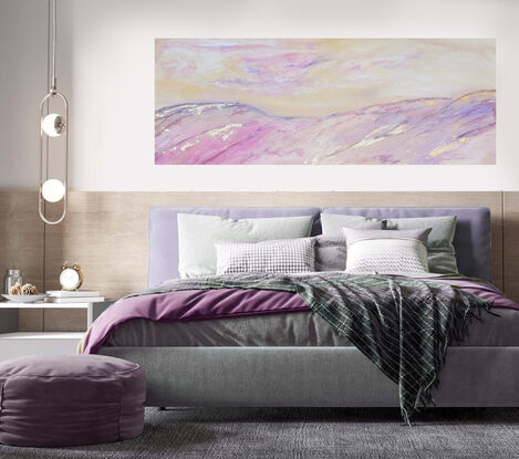 A large abstract painting of the Australian outback in pinks, cerise, blush, gold, brown,  magenta,  and cream.