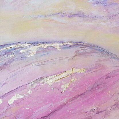 A large abstract painting of the Australian outback in pinks, cerise, blush, gold, brown,  magenta,  and cream.