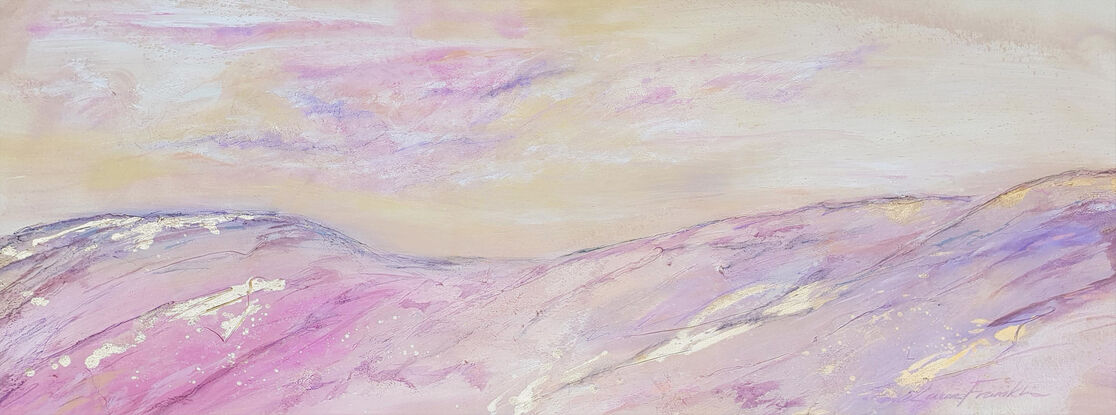 A large abstract painting of the Australian outback in pinks, cerise, blush, gold, brown,  magenta,  and cream.