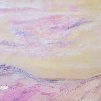 A large abstract painting of the Australian outback in pinks, cerise, blush, gold, brown,  magenta,  and cream.