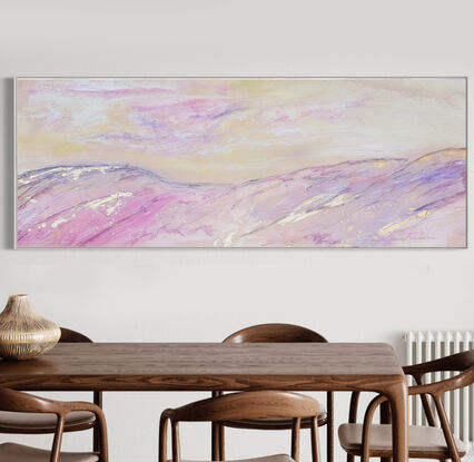 A large abstract painting of the Australian outback in pinks, cerise, blush, gold, brown,  magenta,  and cream.