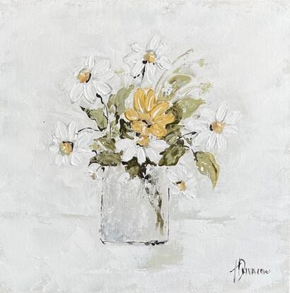 Still Life white and yellow daisies  in clear vase..