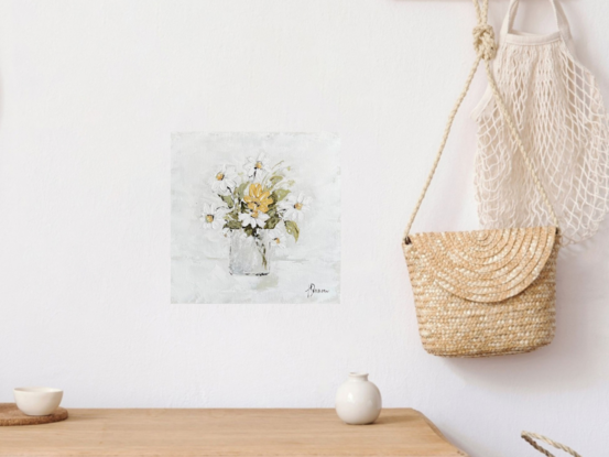 Still Life white and yellow daisies  in clear vase..