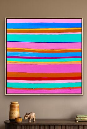 Stripes of different colours painted across the canvas to form a basic pattern