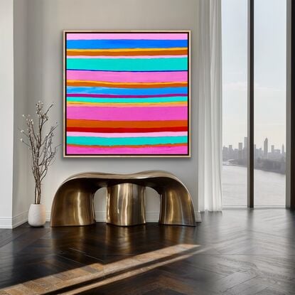 Stripes of different colours painted across the canvas to form a basic pattern