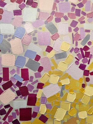 This listing is for a triptych. It's in various shades of pink, purple, green, yellow and grey/ beige.  Two paintings feature light colourful bubbles surrounded by feather-like grey/ beige strokes. The third one has mosaic like structure with pixel-like squares and shapes