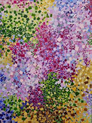 This listing is for a triptych. It's in various shades of pink, purple, green, yellow and grey/ beige.  Two paintings feature light colourful bubbles surrounded by feather-like grey/ beige strokes. The third one has mosaic like structure with pixel-like squares and shapes