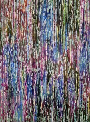 This listing is for a diptych. It's in various shades of purple, pink, blue and green/yellow. One painting is pattern-squares mosaic, another one - vertical stripes.