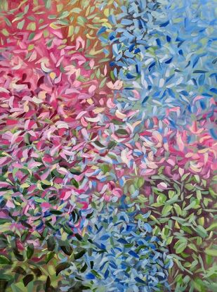 This listing is for a diptych. It's in various shades of purple, pink, blue and green/yellow. One painting is pattern-squares mosaic, another one - vertical stripes.