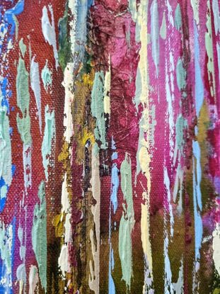 This listing is for a diptych. It's in various shades of purple, pink, blue and green/yellow. One painting is pattern-squares mosaic, another one - vertical stripes.