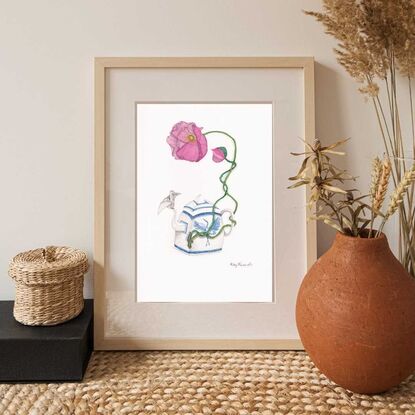 A watercolor of a Qing Dynasty-style teapot with a crane motif. Poppies grow from a crack in the teapot, their vibrant petals twisting around the handle, blending themes of fragility, resilience, and renewal.