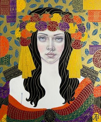 A beautiful young woman sits in a formal abstracted room. Art deco style image, after Klimt. Golden embellishment over jewel  colours. 