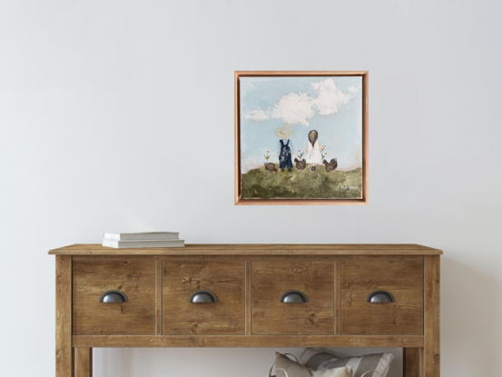 Still Life green hydrangea bunch  in natural timber frame.