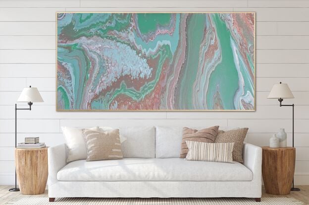 This enchanting painting captures the essence of natures harmony, showcasing a colour palette of greens, cream, ochre, brown, white and umber. Its fluid art effects—flowing layers, intricate cells, and captivating lacing—create a mesmerizing depth that echoes the tranquility of nature’s embrace.
It also captures the spirit of nature’s harmony, with its fluid shapes and soothing colors reminiscent of light and shadow in an abstract world