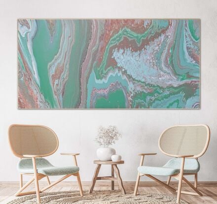 This enchanting painting captures the essence of natures harmony, showcasing a colour palette of greens, cream, ochre, brown, white and umber. Its fluid art effects—flowing layers, intricate cells, and captivating lacing—create a mesmerizing depth that echoes the tranquility of nature’s embrace.
It also captures the spirit of nature’s harmony, with its fluid shapes and soothing colors reminiscent of light and shadow in an abstract world