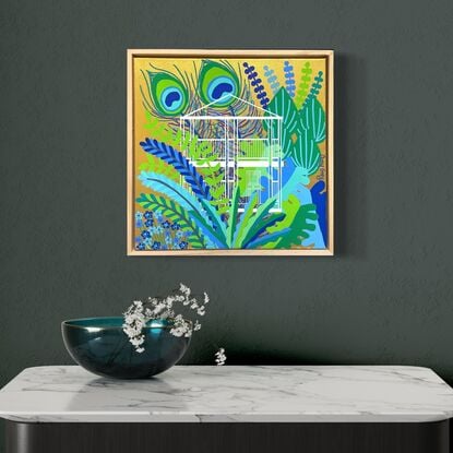 Gold background with blue and green subtropical plants with peacock feathers. A whole house outline is in the foreground 