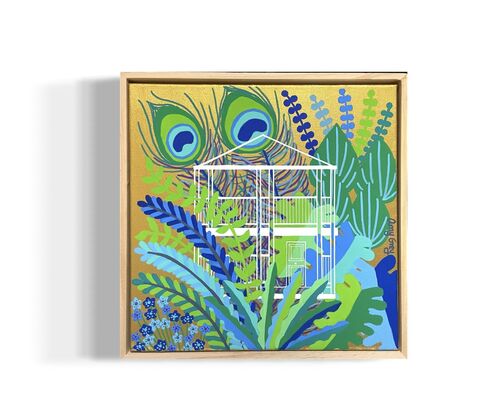 Gold background with blue and green subtropical plants with peacock feathers. A whole house outline is in the foreground 