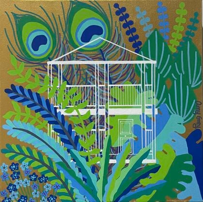 Gold background with blue and green subtropical plants with peacock feathers. A whole house outline is in the foreground 