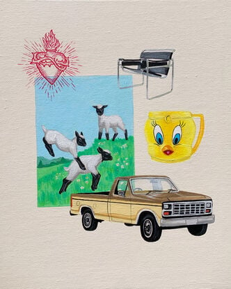 Painting of a F100 Ford pickup truck, 3 lambs jumping in a field of flowers, a Tweety Bird KFC mug, a Wassily B3 Chair and a tattoo of a sacred heart.