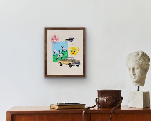 Painting of a F100 Ford pickup truck, 3 lambs jumping in a field of flowers, a Tweety Bird KFC mug, a Wassily B3 Chair and a tattoo of a sacred heart.