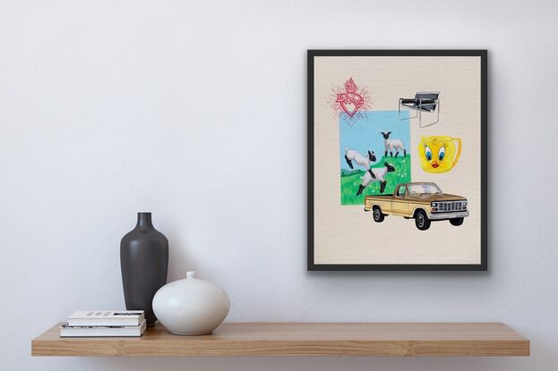 Painting of a F100 Ford pickup truck, 3 lambs jumping in a field of flowers, a Tweety Bird KFC mug, a Wassily B3 Chair and a tattoo of a sacred heart.