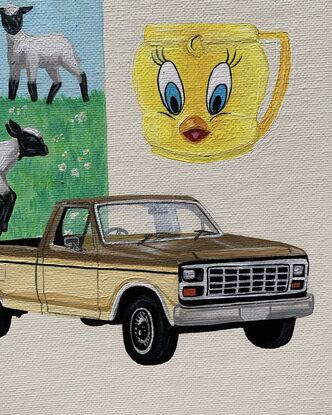 Painting of a F100 Ford pickup truck, 3 lambs jumping in a field of flowers, a Tweety Bird KFC mug, a Wassily B3 Chair and a tattoo of a sacred heart.