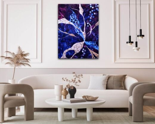 Abstract painting by Tania FitzGerald with mosaic elements in beige, gold leaf detail, transparent blue and purple background